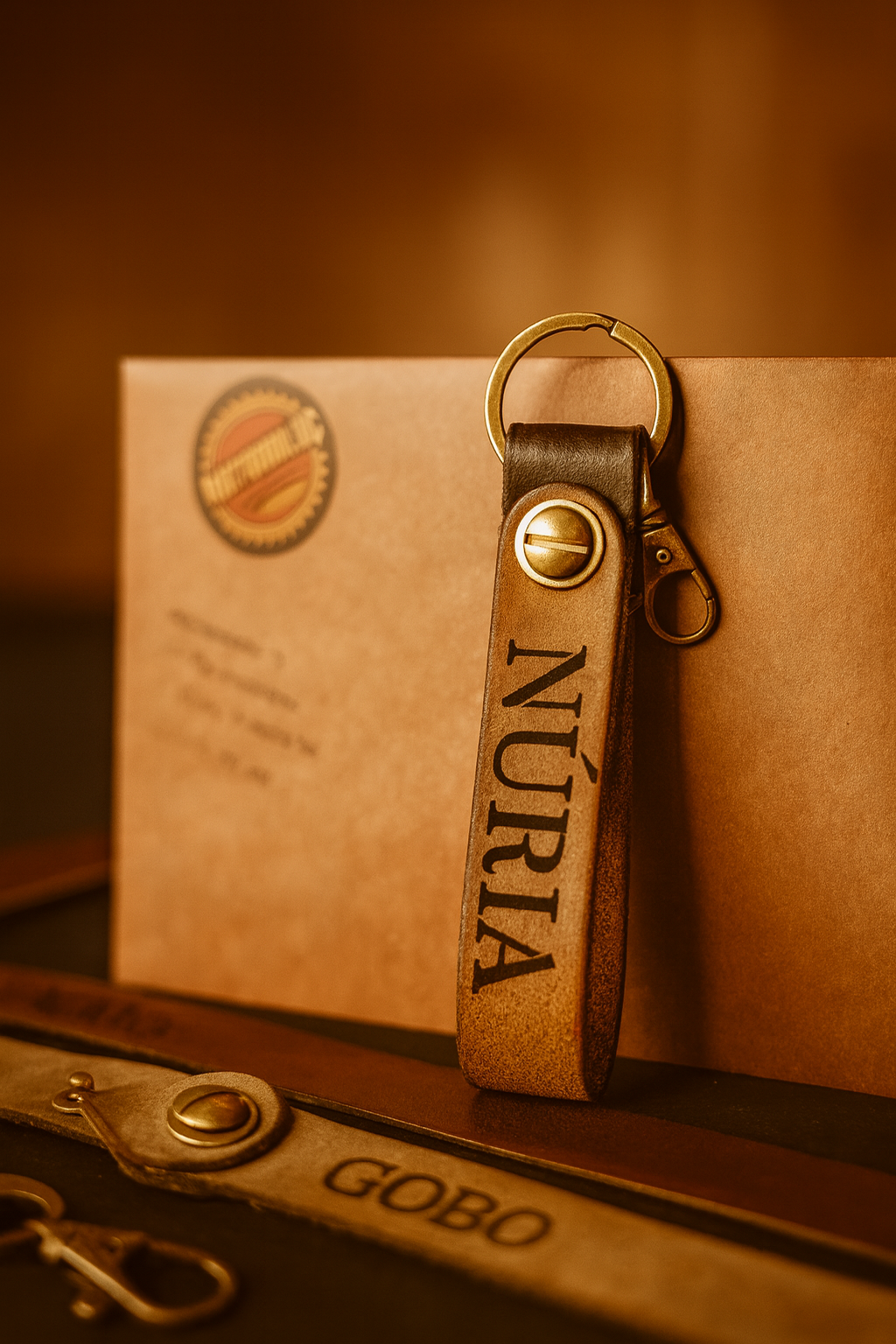 Llavero de piel personalizado – Marrón claro con tornillo de latón y mosquetón vintage